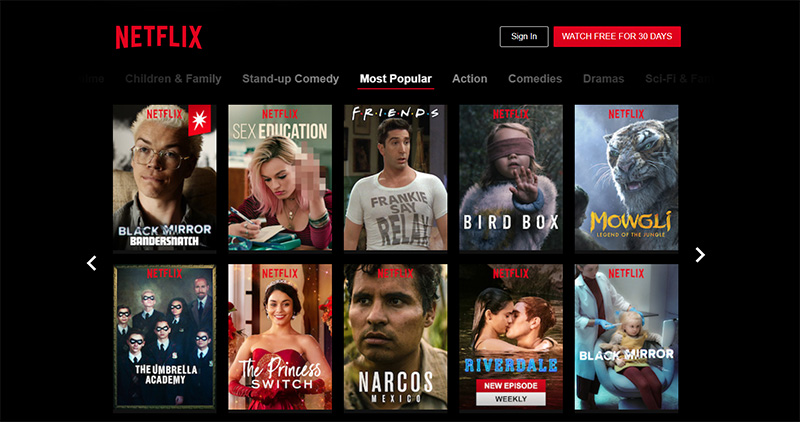 Начальная страница сервиса Netflix