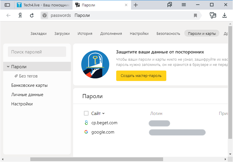 Перечень сохраненных сайтов и данных к ним в Яндекс.Браузере