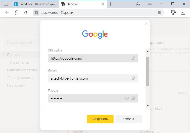 Подробная информация по сайту в менеджере паролей Яндекс.Браузера